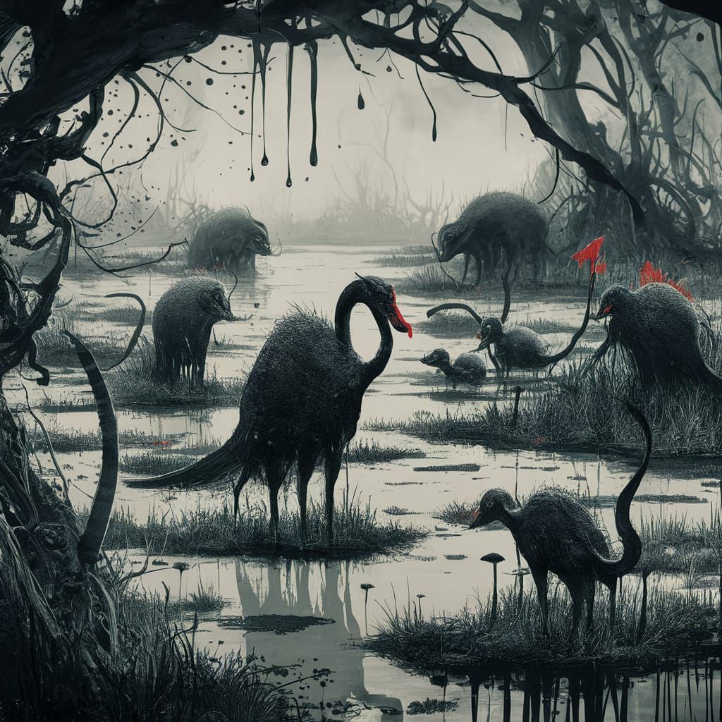 Eerie Marsh Creatures in Haunting Watercolor Illustration