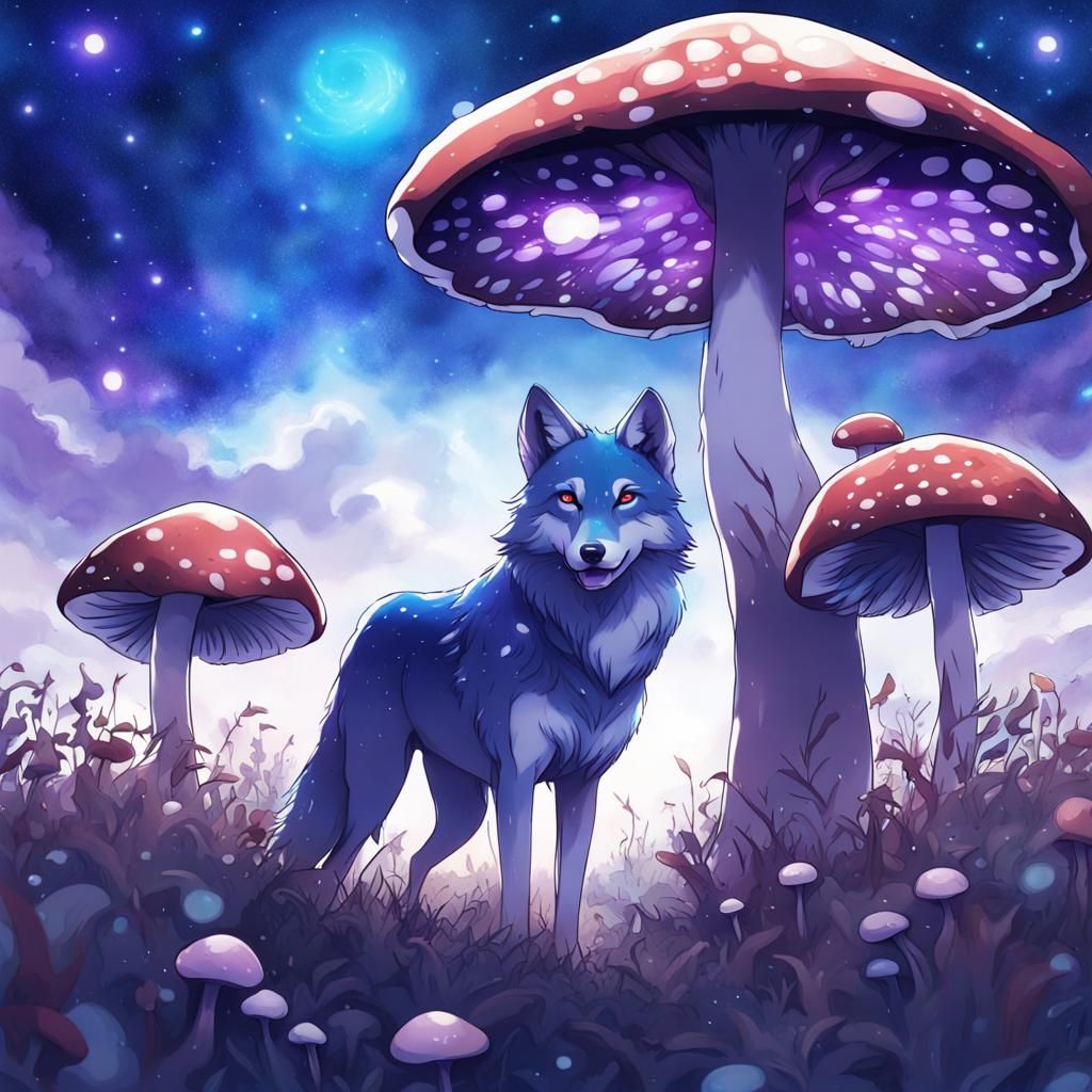 Mushroom Field with Wolf Galaxy in Anime Style
