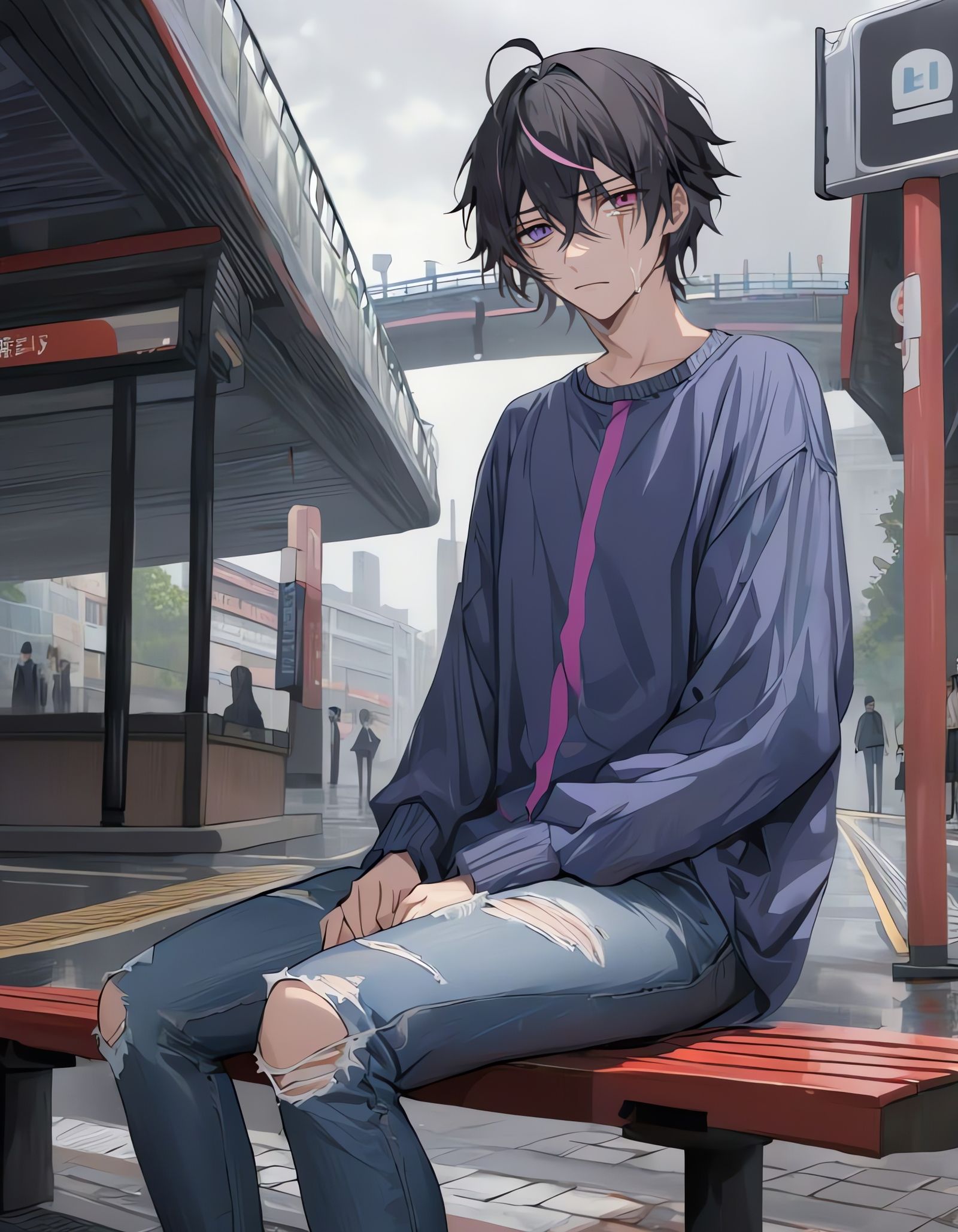 Sad Bishounen Crying at Bus Stop in Overcast City