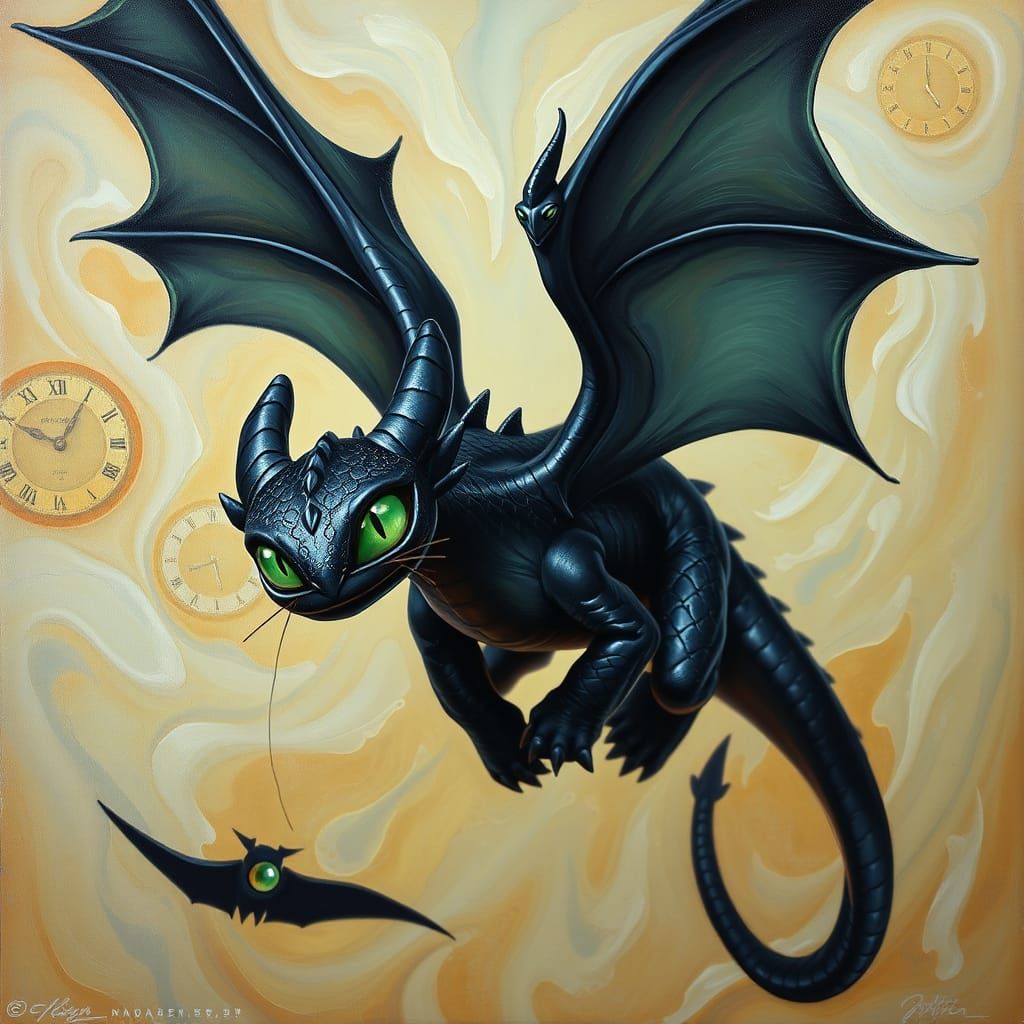 Ethereal Night Fury Dragon in Iridescent Black and Emerald G...