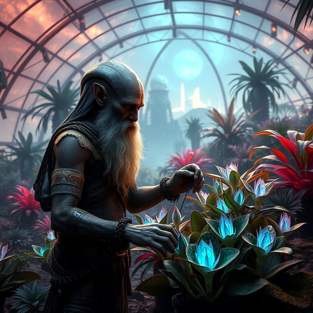 Ancient Alien Botanist in Bioluminescent Biodome