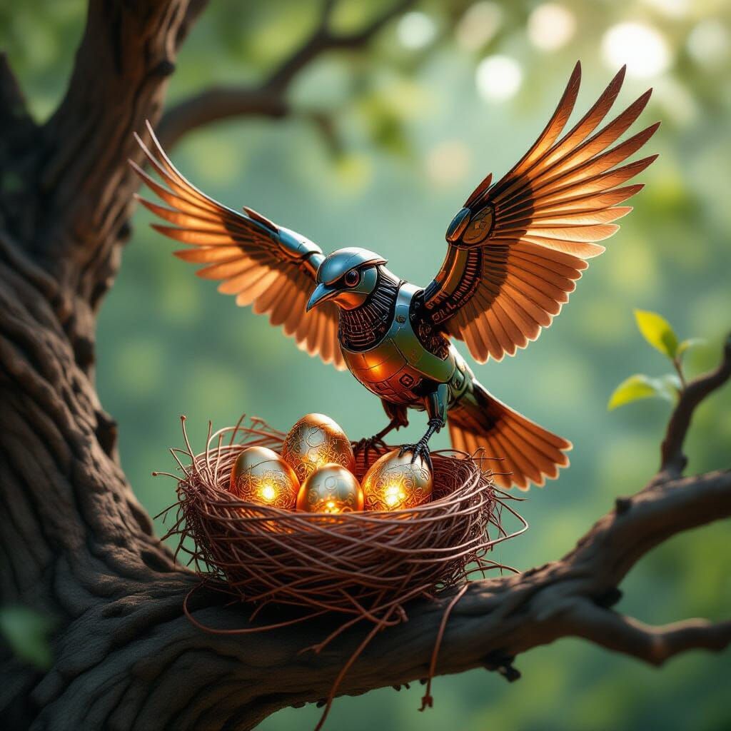 Robotic Bird Guards Metallic Eggs on Oak Branch