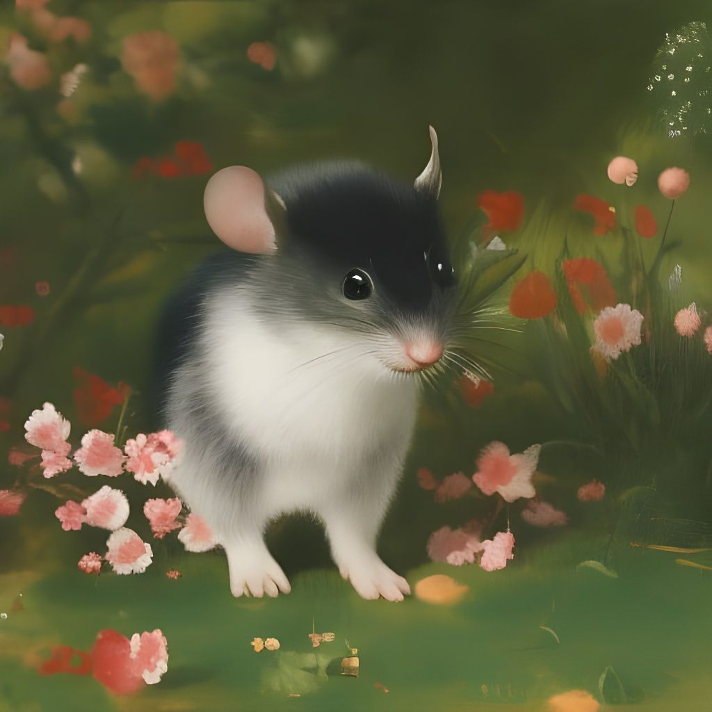 Mouse's Delight: Cherry Garden Scene in Impressionist Style