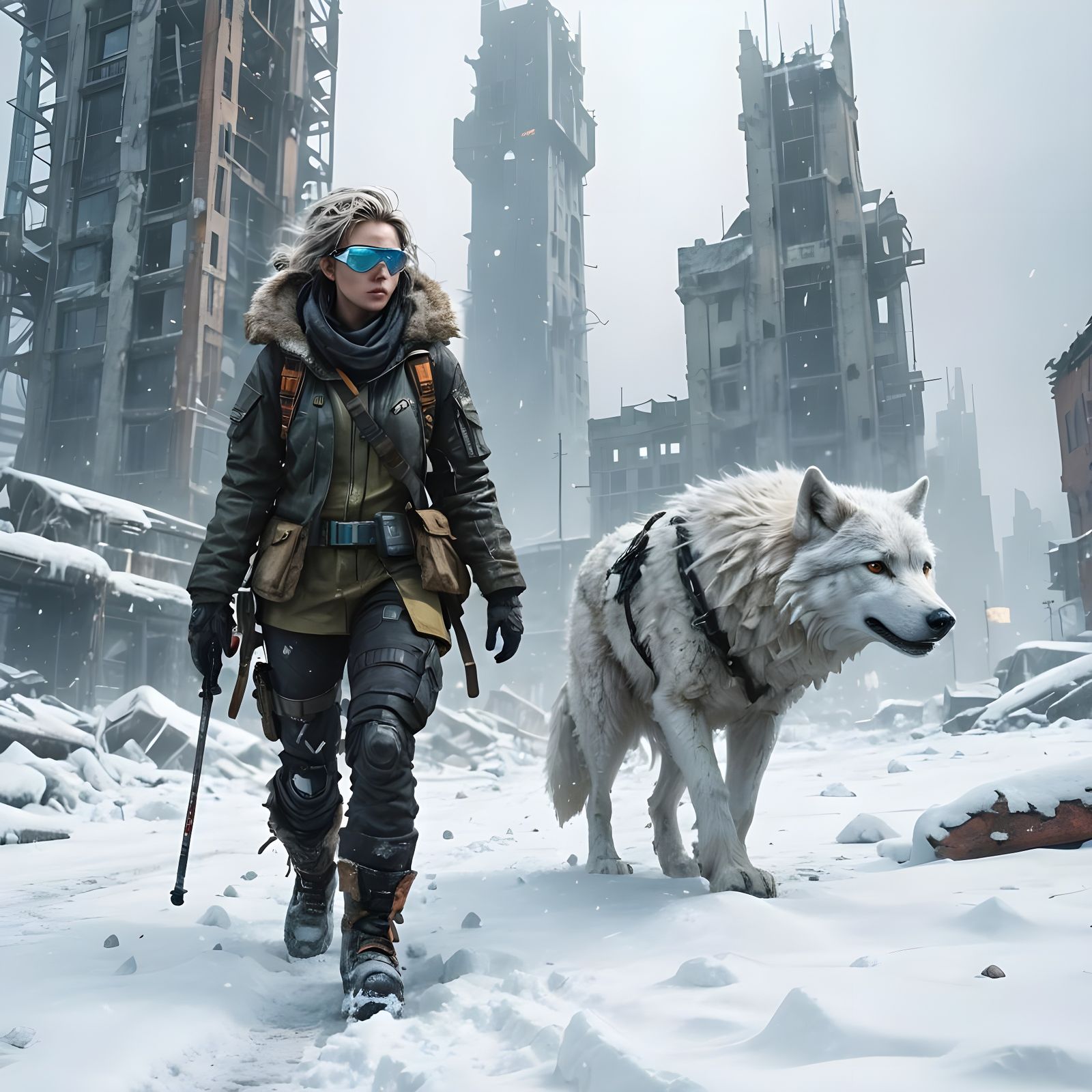 Cyberpunk Woman Walks Through Snowstorm in Ruined City