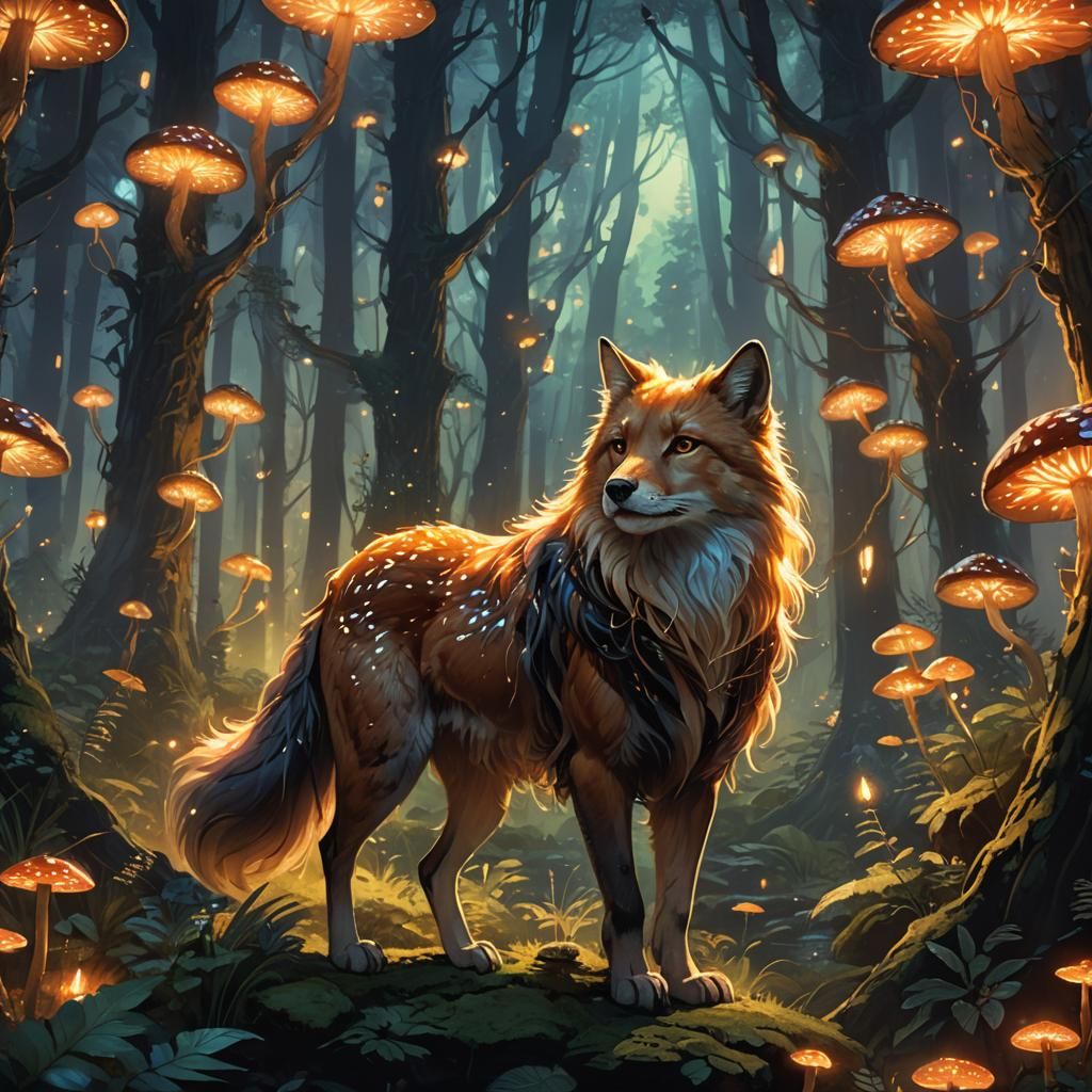 Mystical Fox in Glowing Forest: Fantasy Concept Art