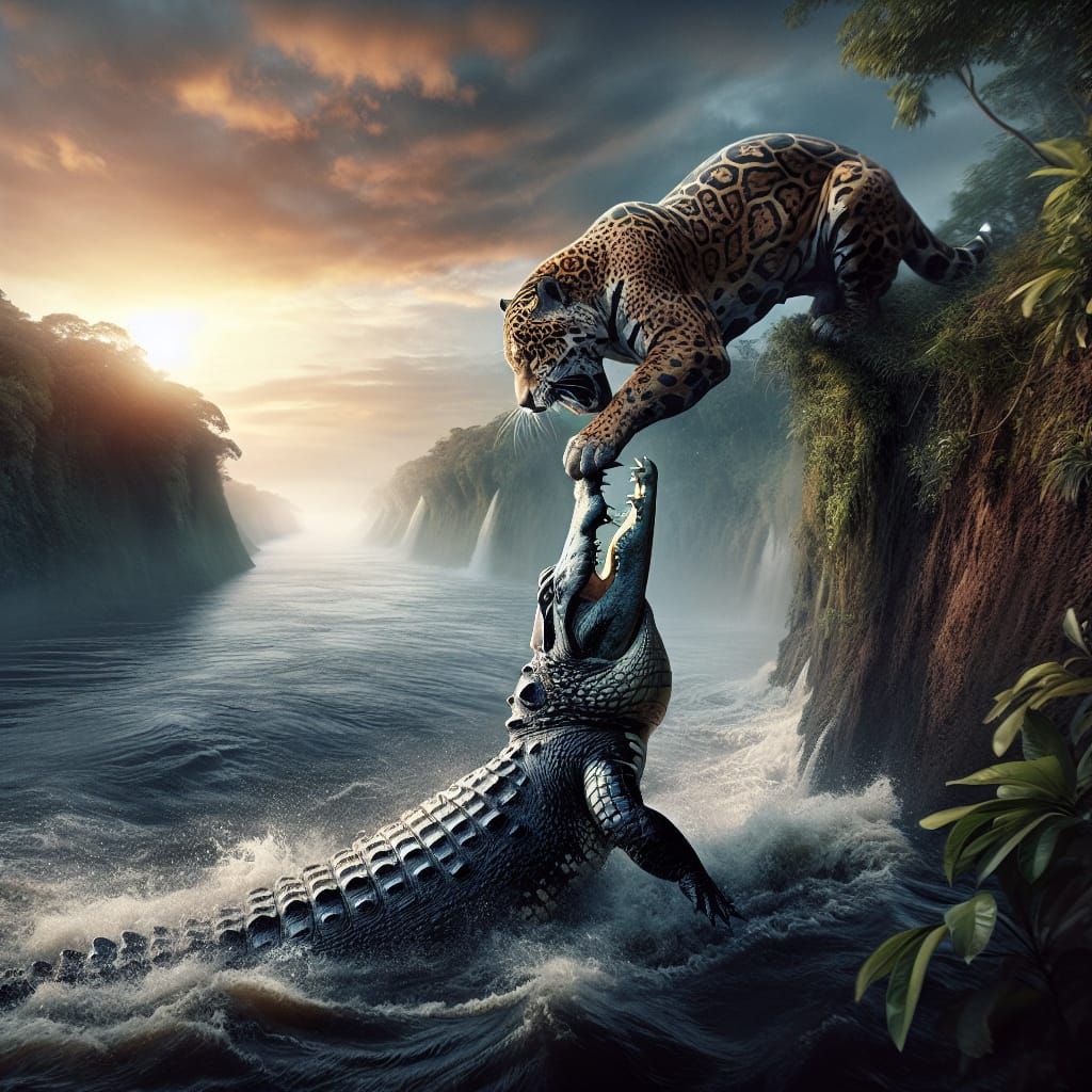Jaguar's Dramatic River Hunt: Digital Matte Painting