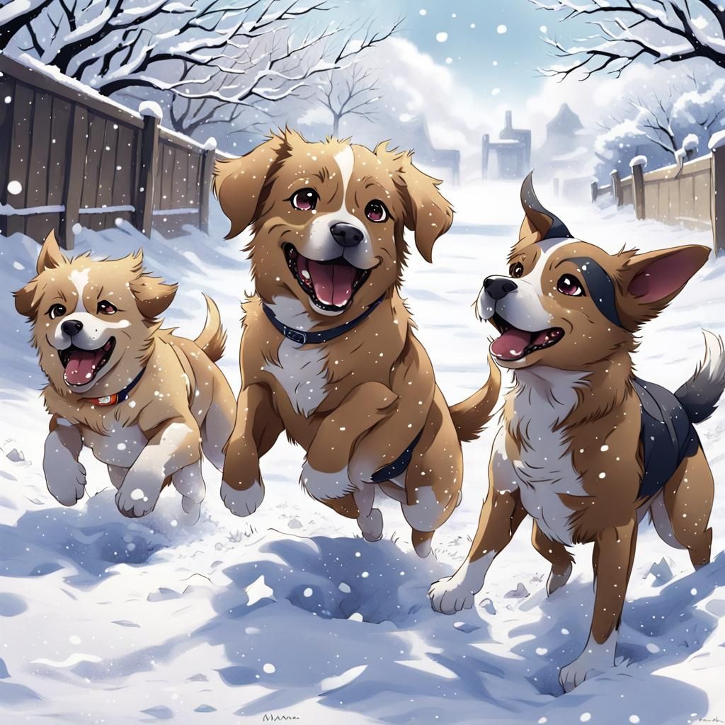 Dogs Play in Snow: Anime-Inspired Art