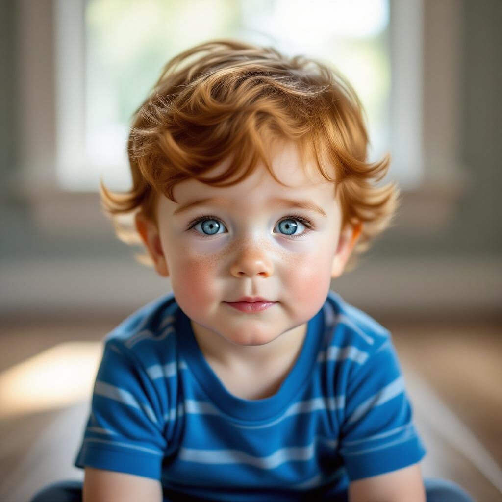 Photorealistic Ginger Toddler Boy with Blue Eyes