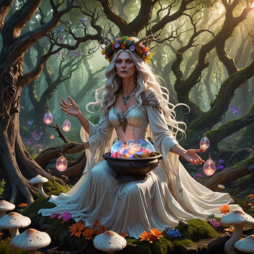 Benevolent Witch Mixes Potion in Fantasy Forest