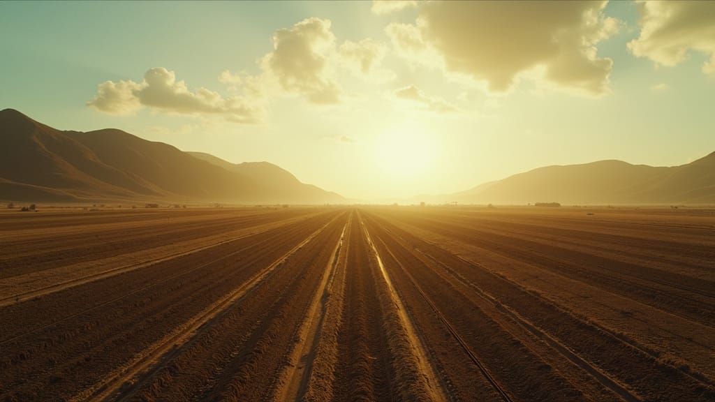 Desolate Rural Landscape in Golden Hour Tones
