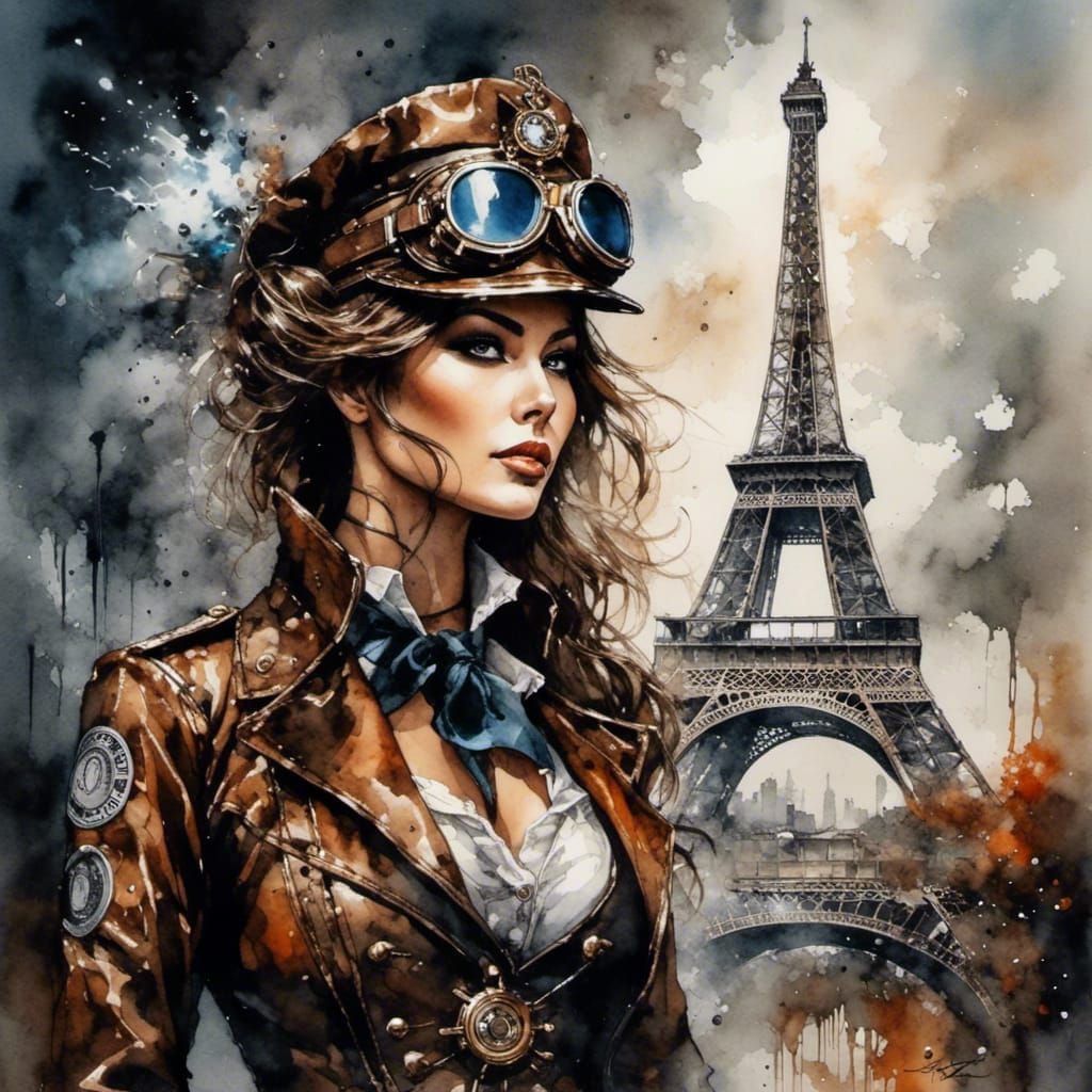 Beautiful Steampunk Pilot with Eiffel Tower Backdrop