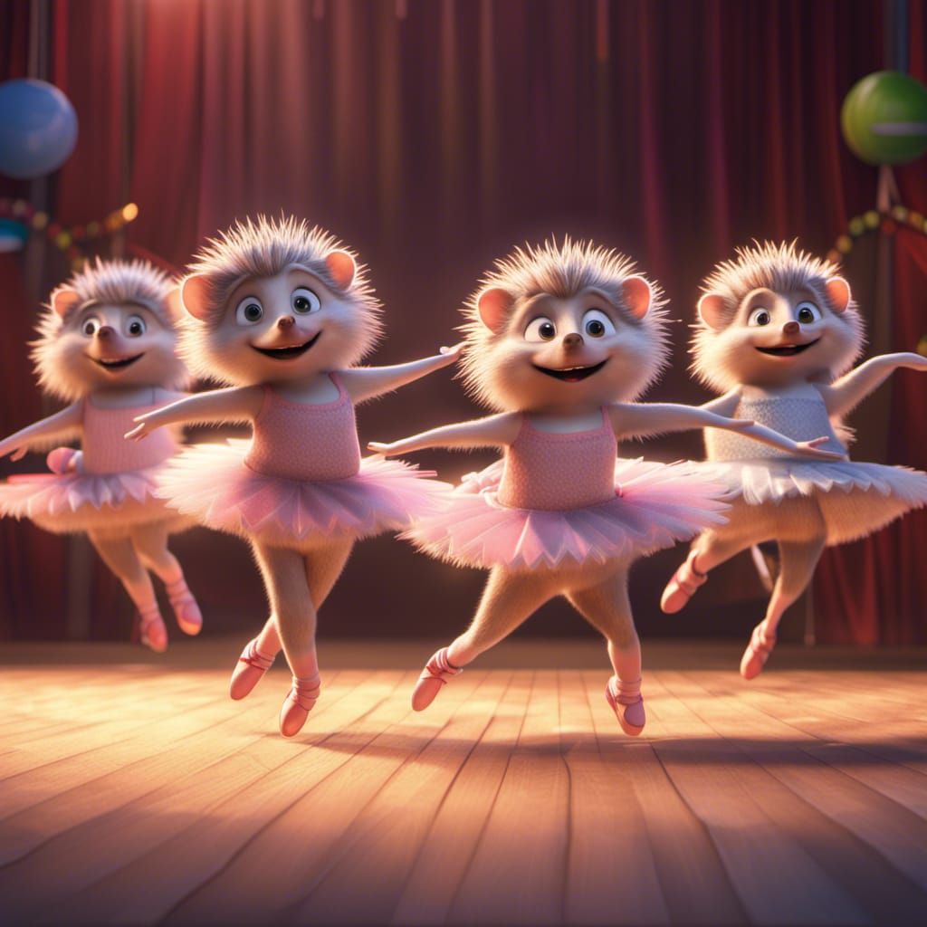 Pixar render Disney style adorable Hedgehogs Ballet, wearing tutus and ballet shoes, on a stage