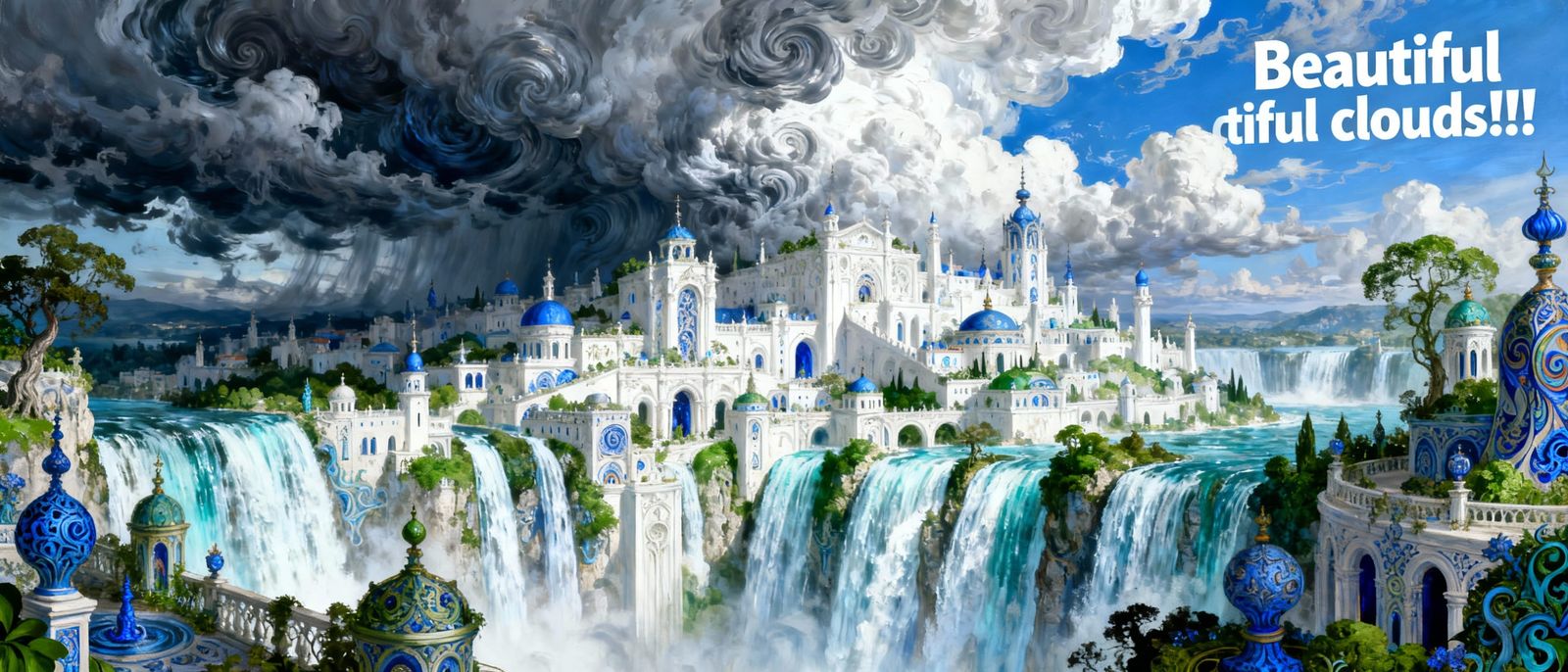 Fantastical Waterfall City Landscape in Vivid Acrylic Art
