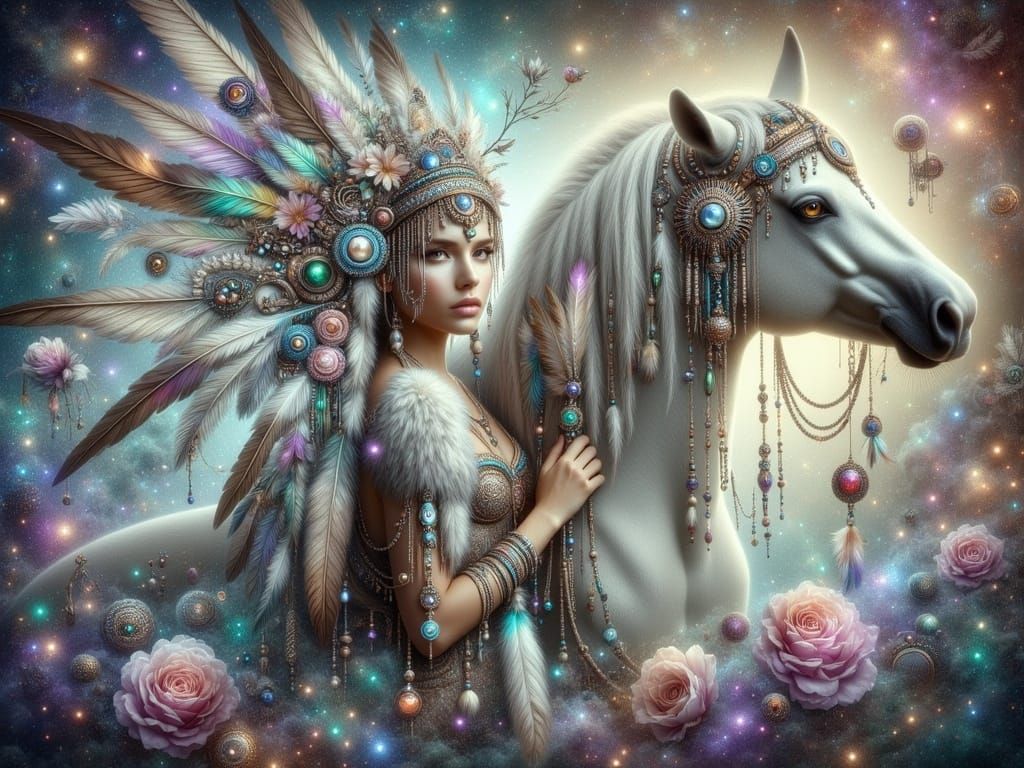 Ethereal Beauty Rides Majestic White Steed