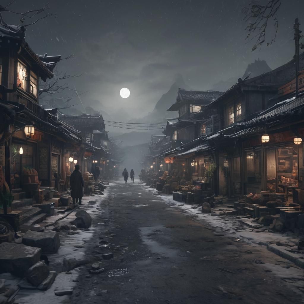 Feudal Tokyo Market in Snowstorm: 3D Game Cinematic