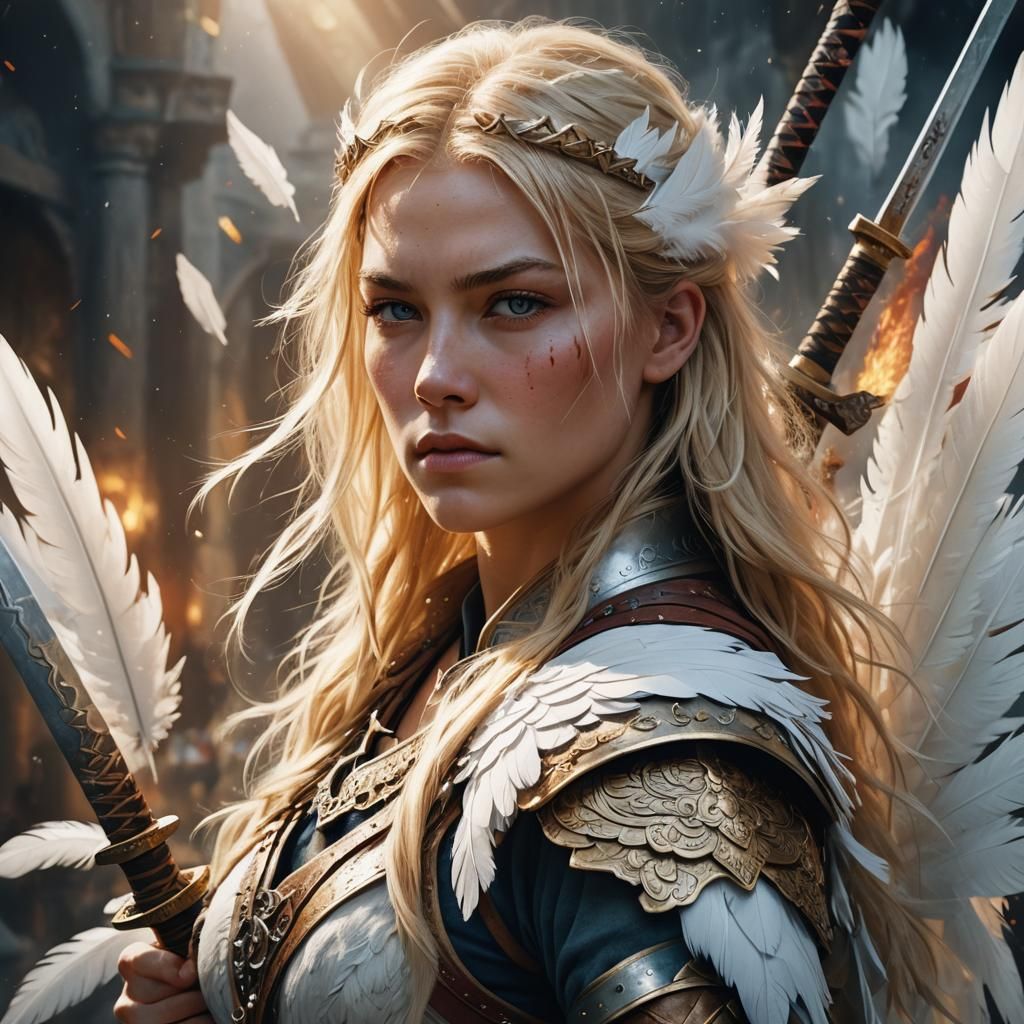 Blonde Valkyrie with Katana in Art Nouveau Style