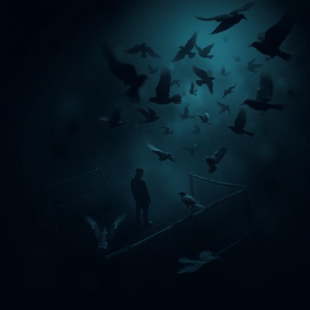 Mystical Crows Enveloping Figure in Neon Darkness