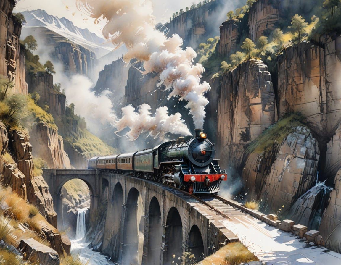 Vintage Steam Locomotive on Viaduct, Watercolor Style