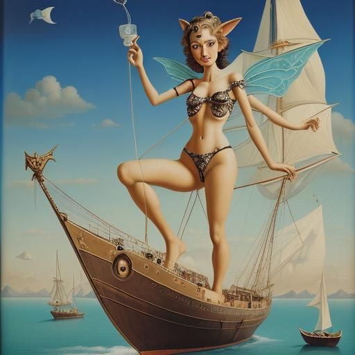 Cute Pixie on Ship in Surrealist Style