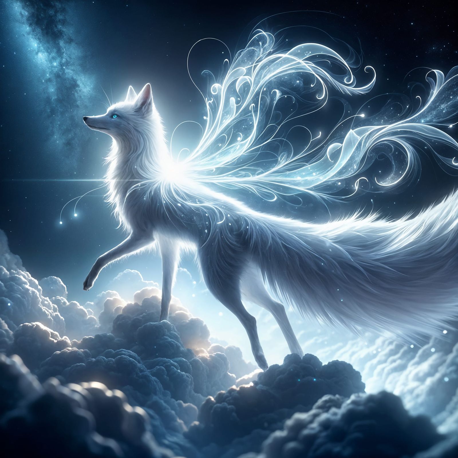 Glowing Fox Soaring Through Starry Night