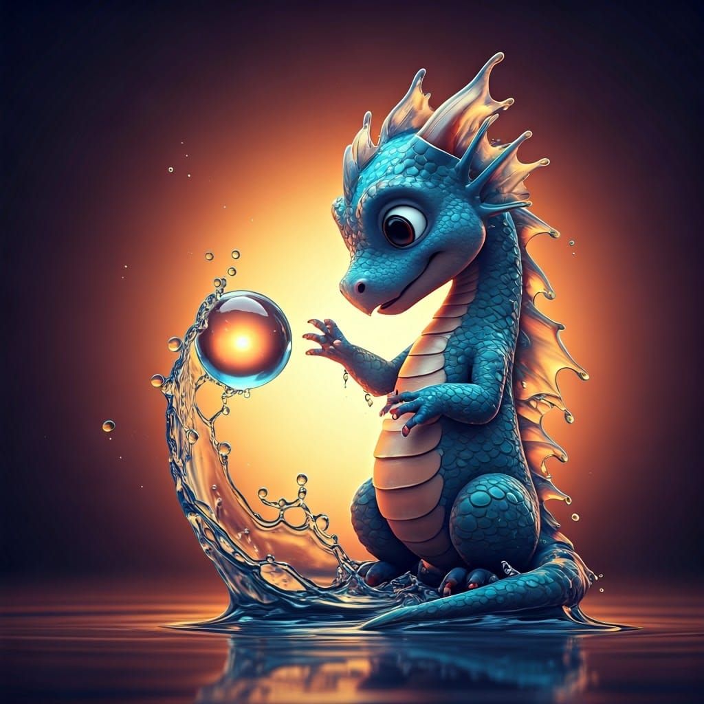 Translucent Water Dragon with Glowing Orb, 3D Render