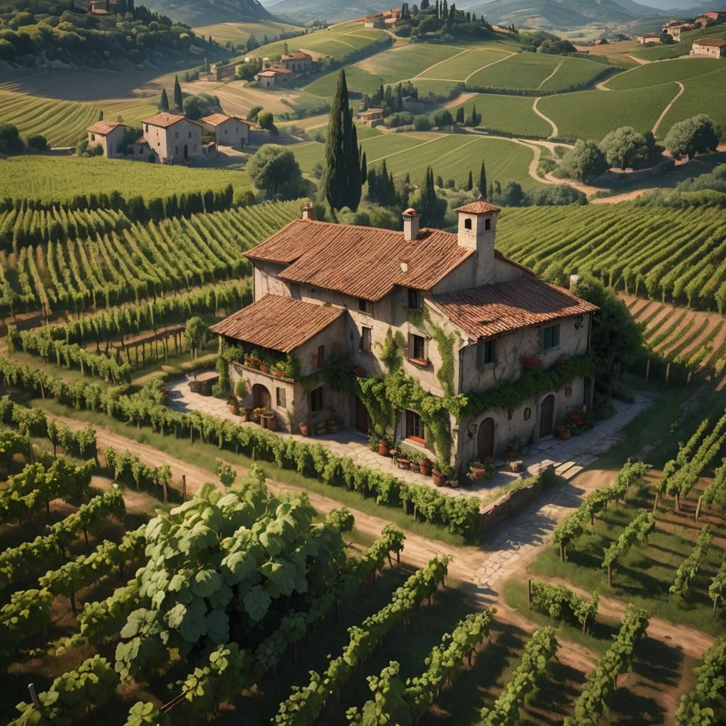 Italian Farmhouse in Vineyard: Detailed Matte Painting