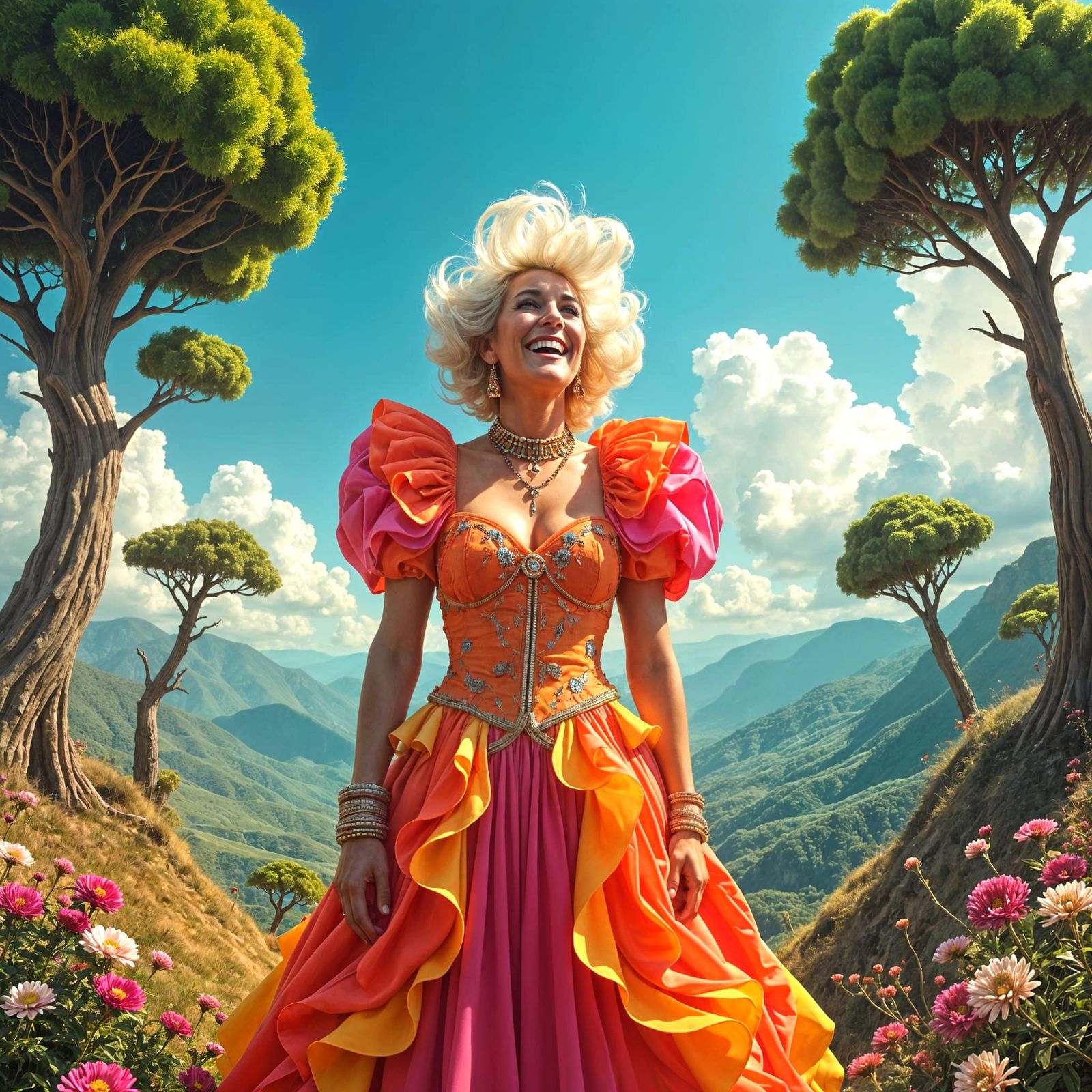 Laughing Woman in Surreal Landscape, Hyperrealistic Portrait