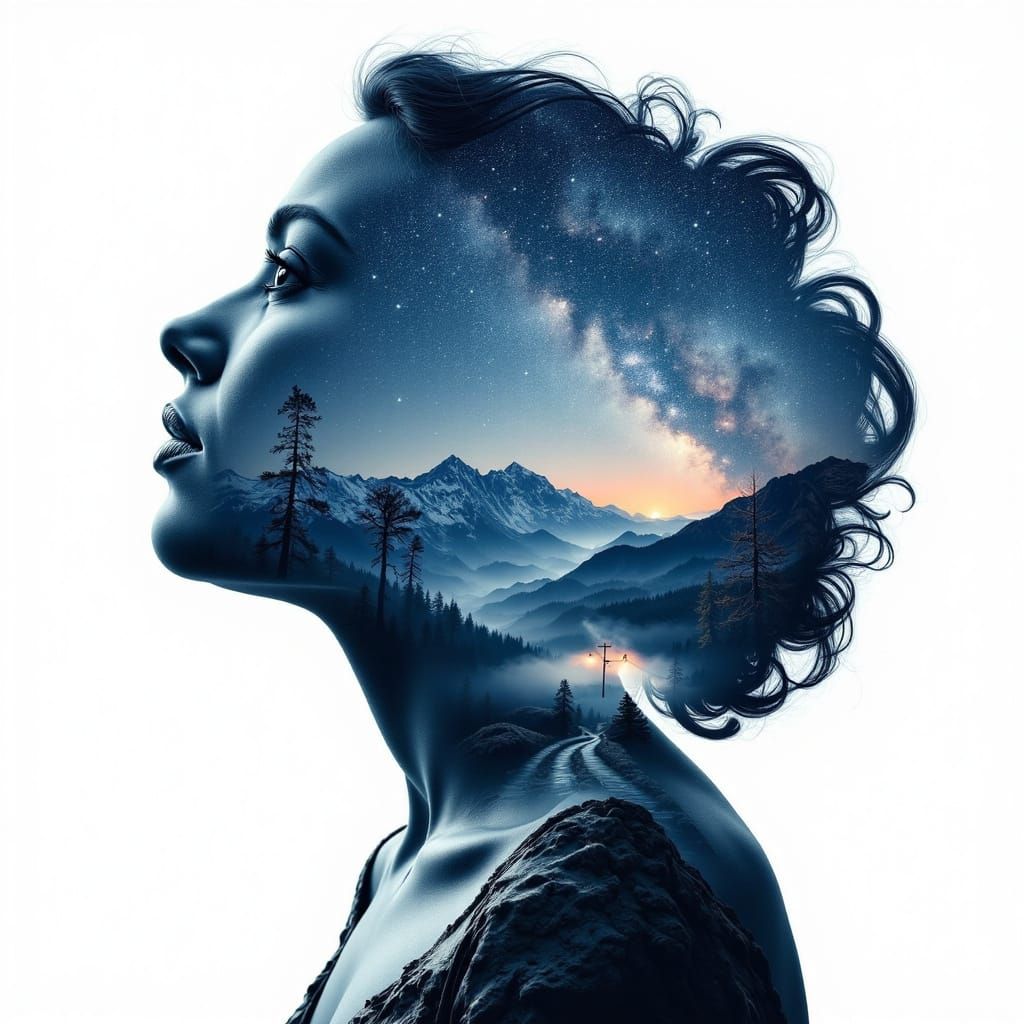 The outline of a womans head consists of a panorama of a roa...