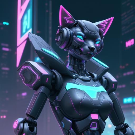 Cyberpunk Robot Cat in Neon Techno Style
