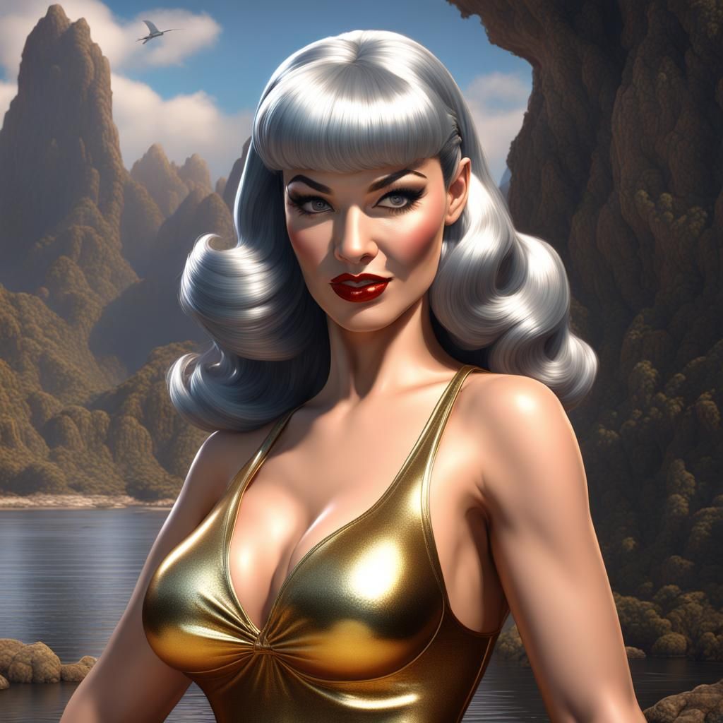 Bettie Page in Gold Swimsuit: Detailed Matte Painting
