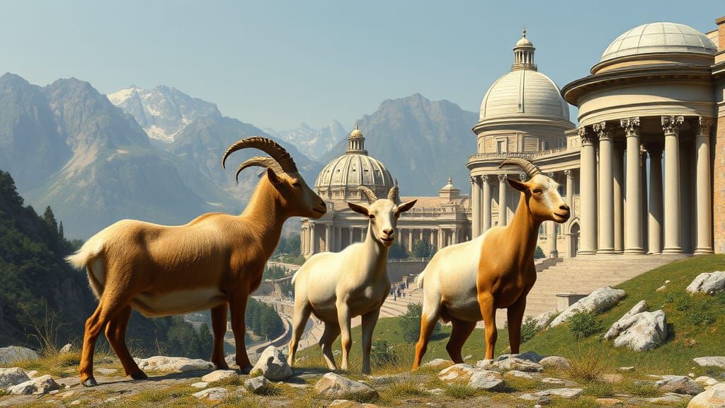 Majestic Mountain Goats Gaze Upon Neoclassical Village