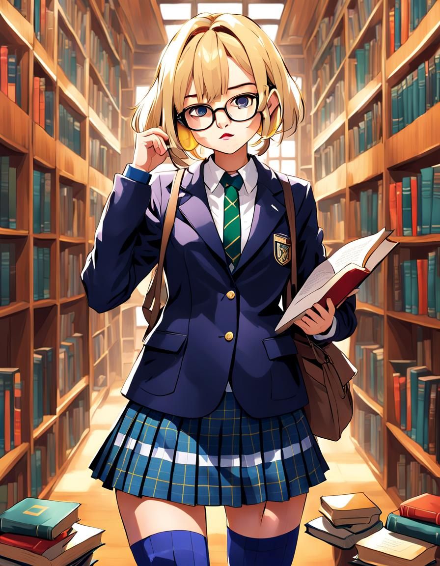 College Student Girl Reading in Library with Distraught Expr...