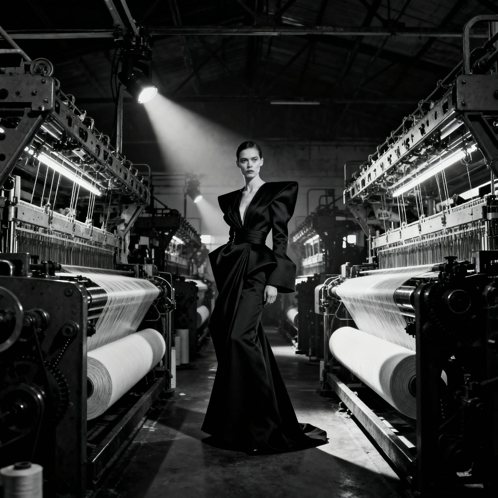 Haute Couture Model Amidst Industrial Looms