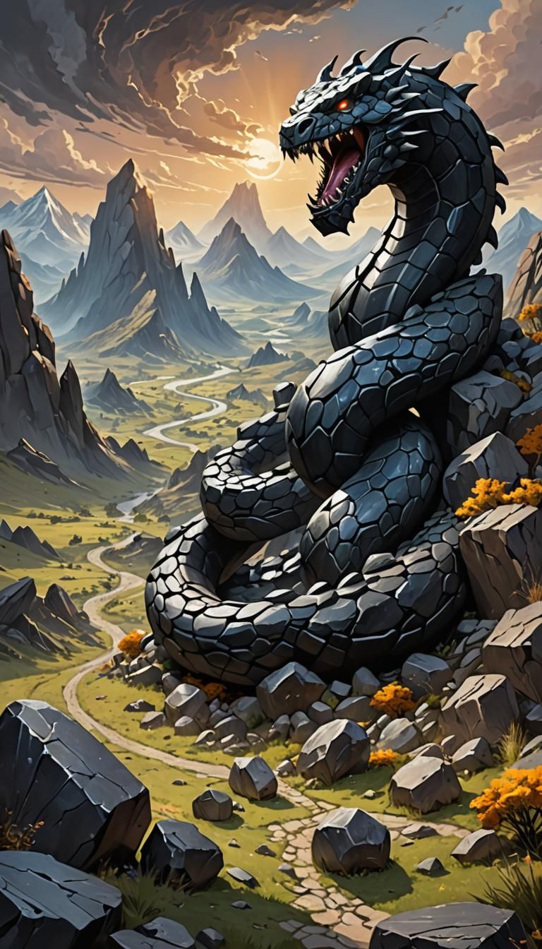 Colossal Obsidian Serpent in Epic Landscape
