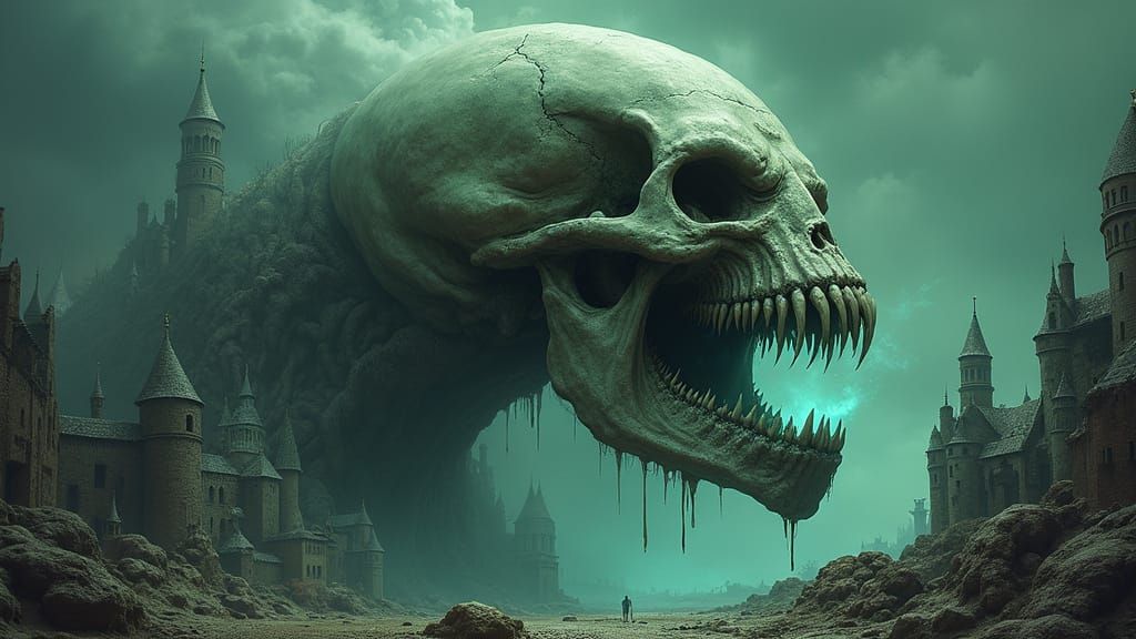 Gargantuan Alien Skull in a Macabre, Surreal Landscape