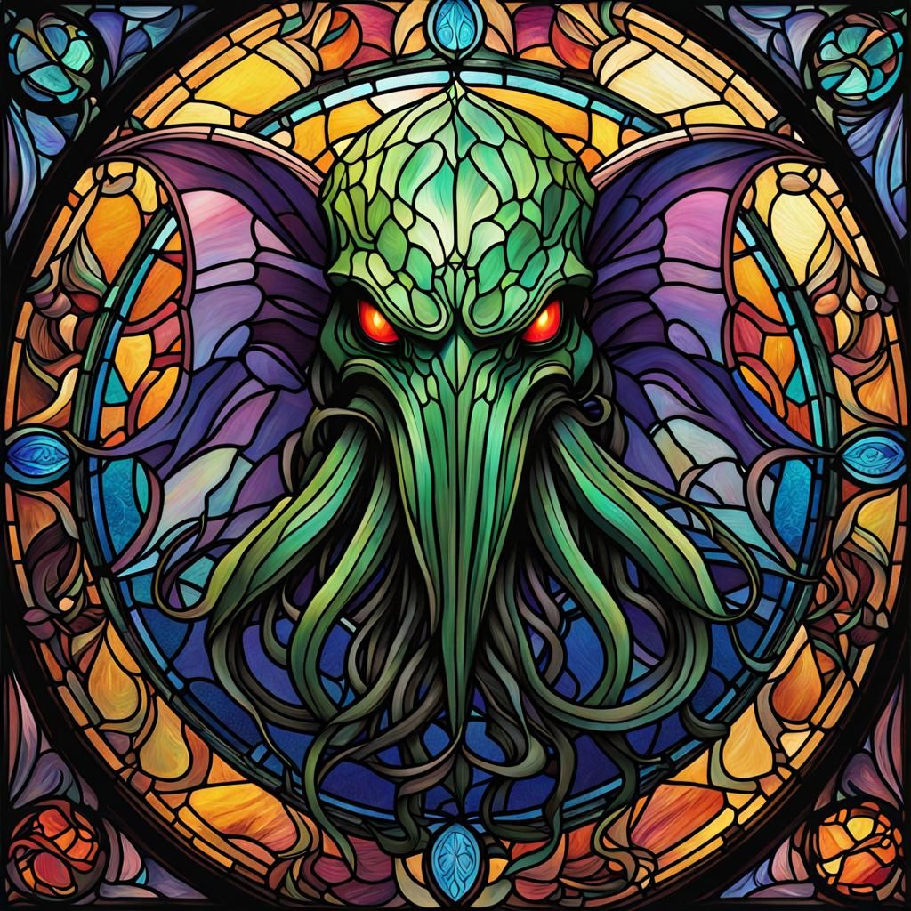 Stained Glass Cthulhu in Art Nouveau Style