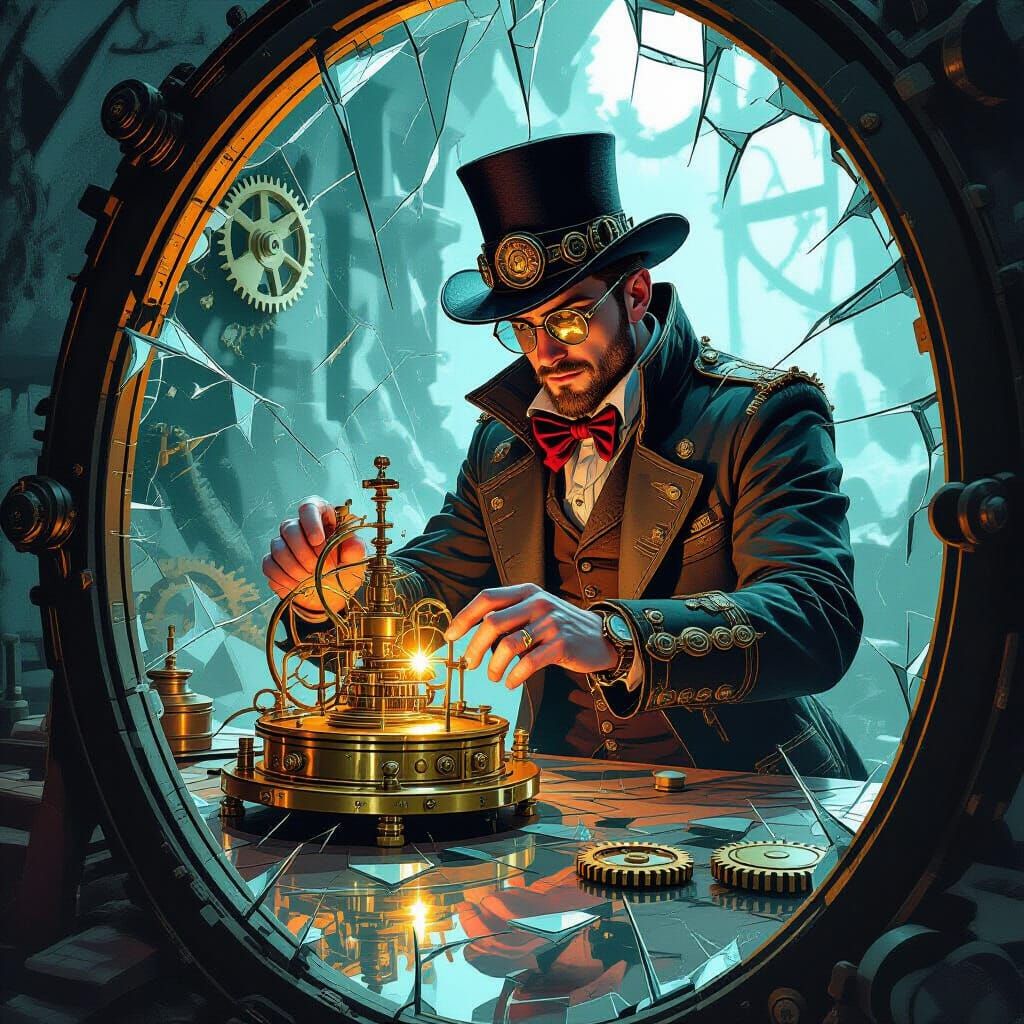 Steampunk Inventor Setting Time Machine in Digital Art Style