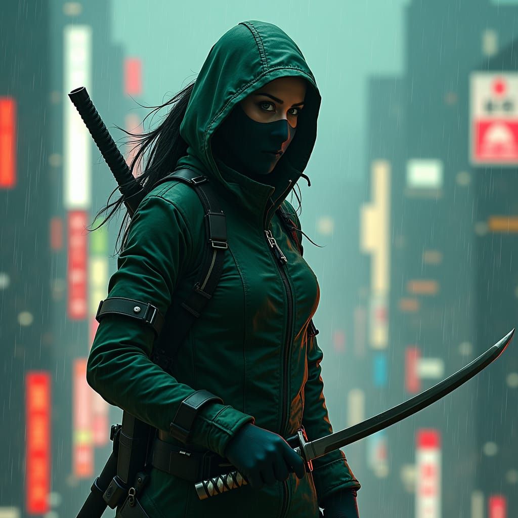 Cyberpunk Assassin on Osaka Skyscraper