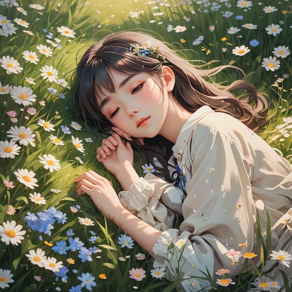Serene Anime Girl Sleeping in Meadow, Genshin Impact Style