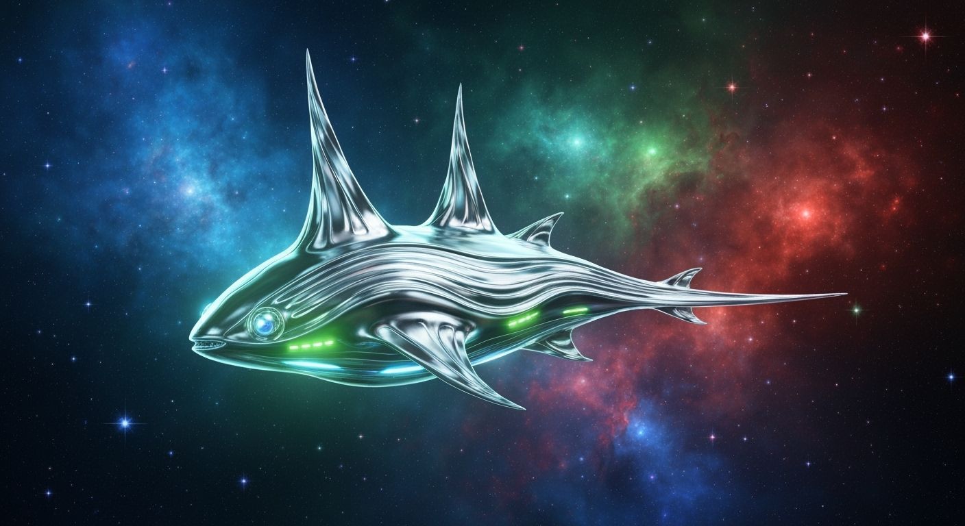 Futuristic Chrome Spaceship Mantaray in Cosmic Nebula