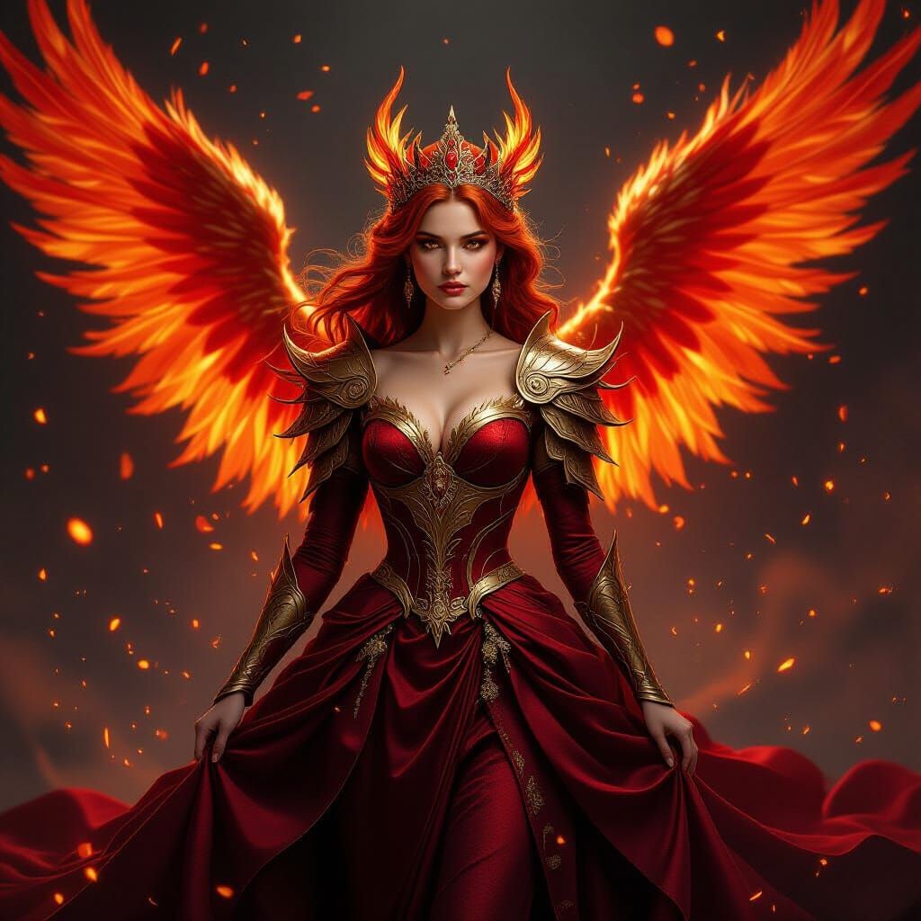 Fire Princess with Phoenix Wings in Fantasy Style