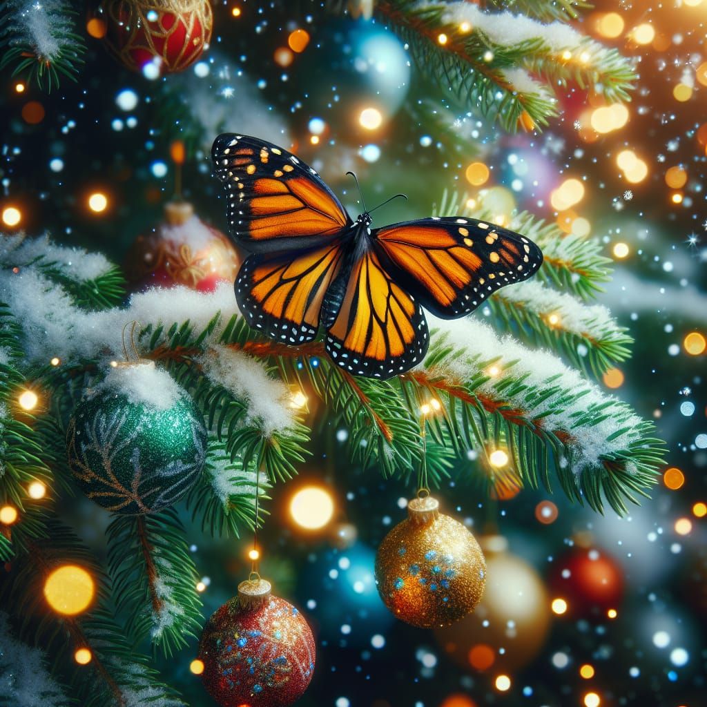 Vibrant Monarch Butterfly in Winter Wonderland Christmas Sce...