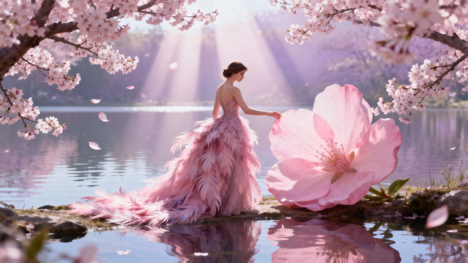 Fantasy Woman in Pink Feathers by Lake with Giant Blossom
