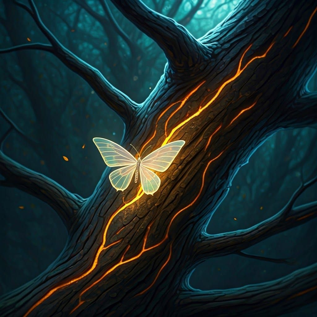 Neon Butterfly Lands on Magical Glowing Tree