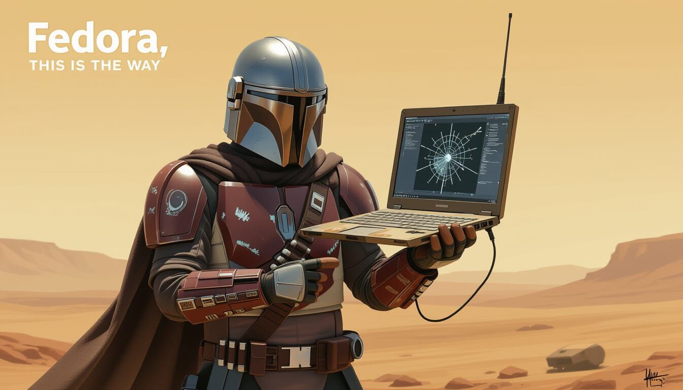 Mandalorian Surveys Barren Planet with Weathered Fedora Lapt...