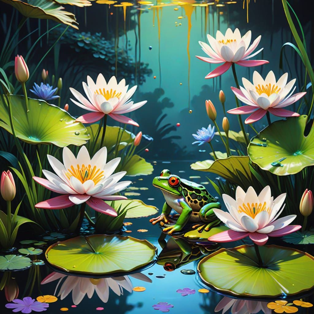 Whimsical Fae Frogs Invade Monet's Serene Lily Pond