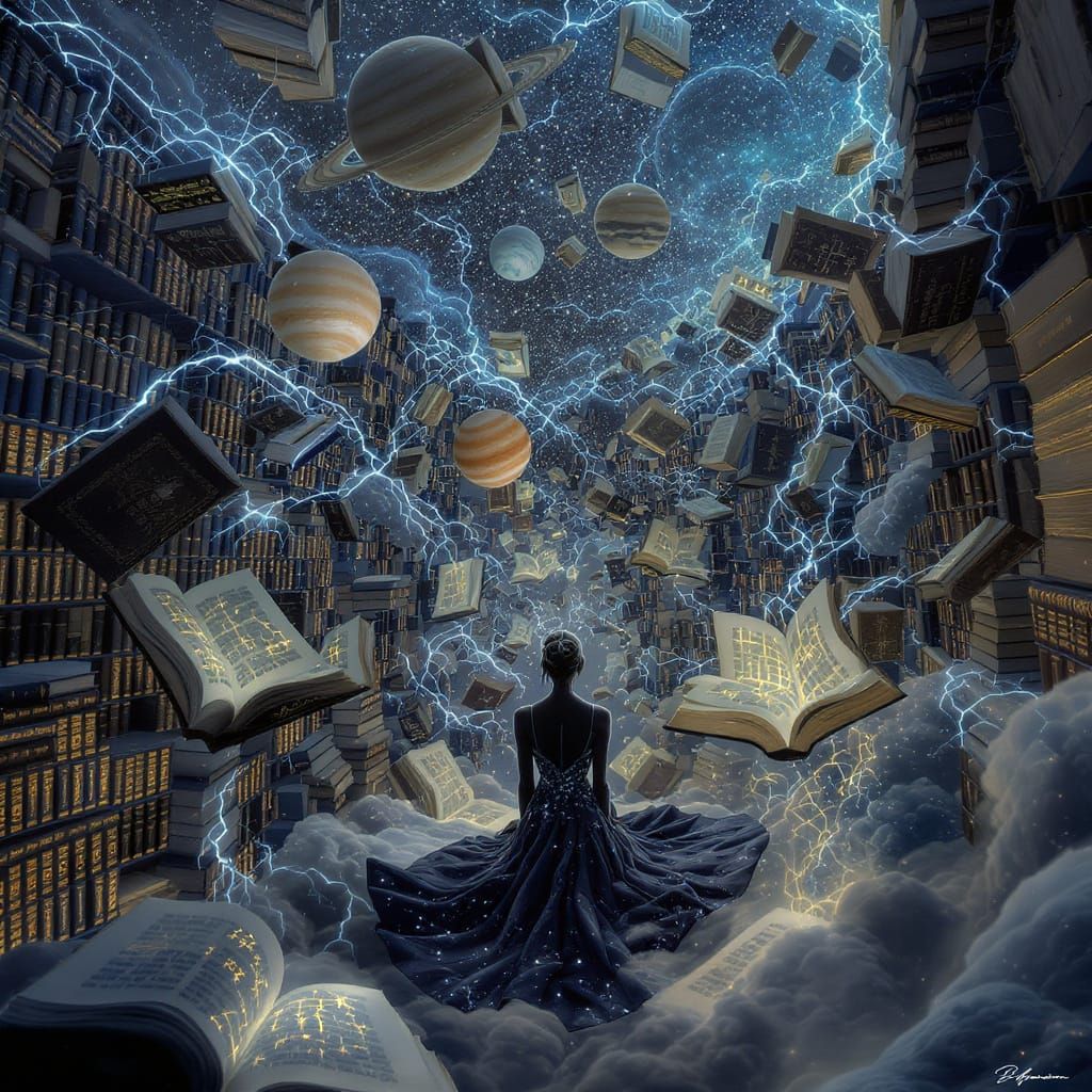 Woman in Floating Library with Orbiting Constellation Books