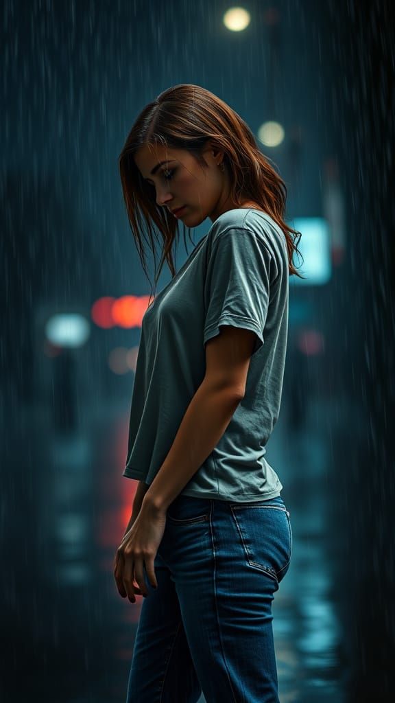 Woman in Rain: Hyperrealistic Concept Art