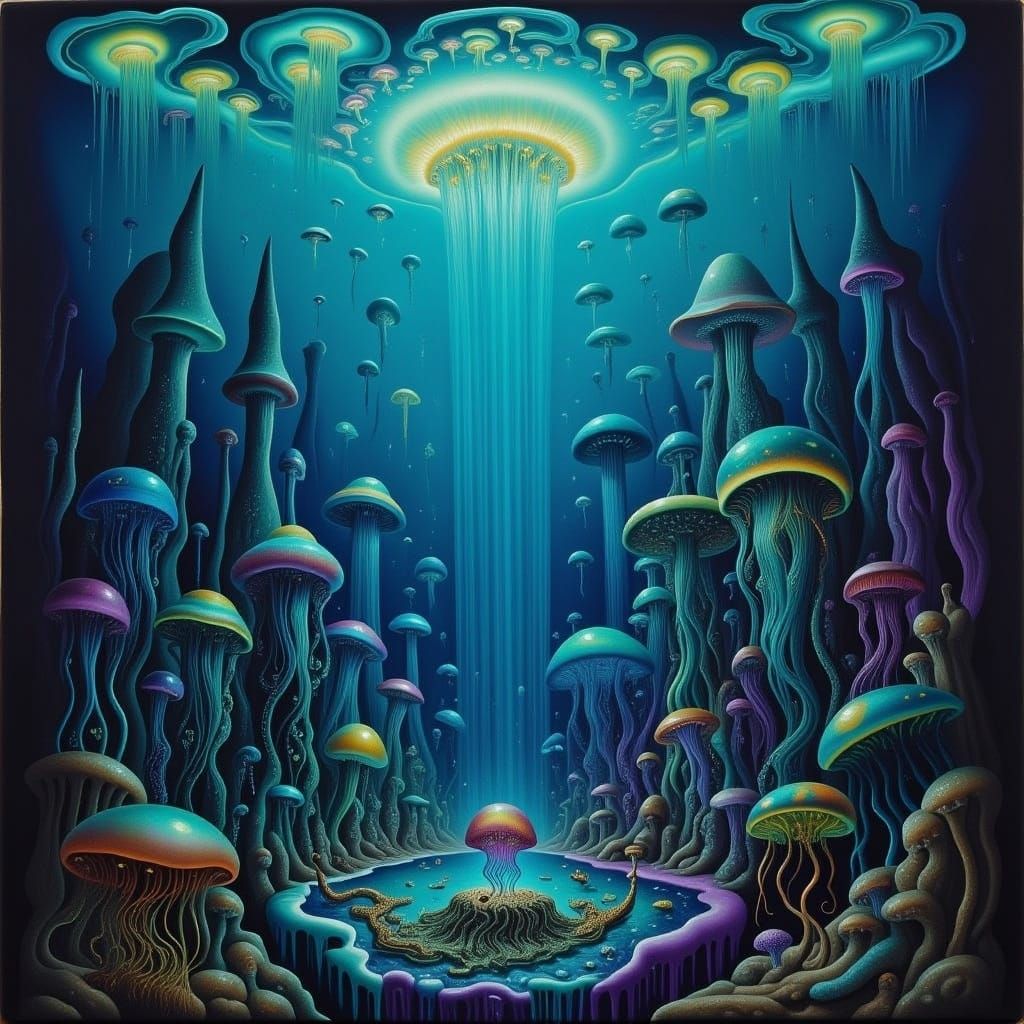 Futuristic Underwater City with Bioluminescent Marine Life