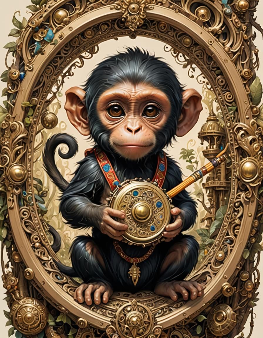 Little monkey is playing the tambourine